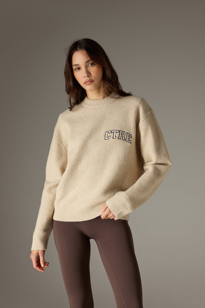 CTRE EMBROIDERED KNIT CREW - BEIGE MARL