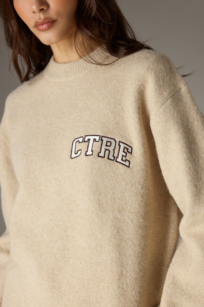 CTRE EMBROIDERED KNIT CREW - BEIGE MARL