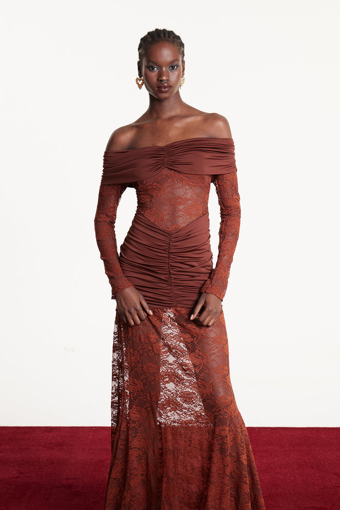 Darlene Strapless Ruch Lace Maxi Dress