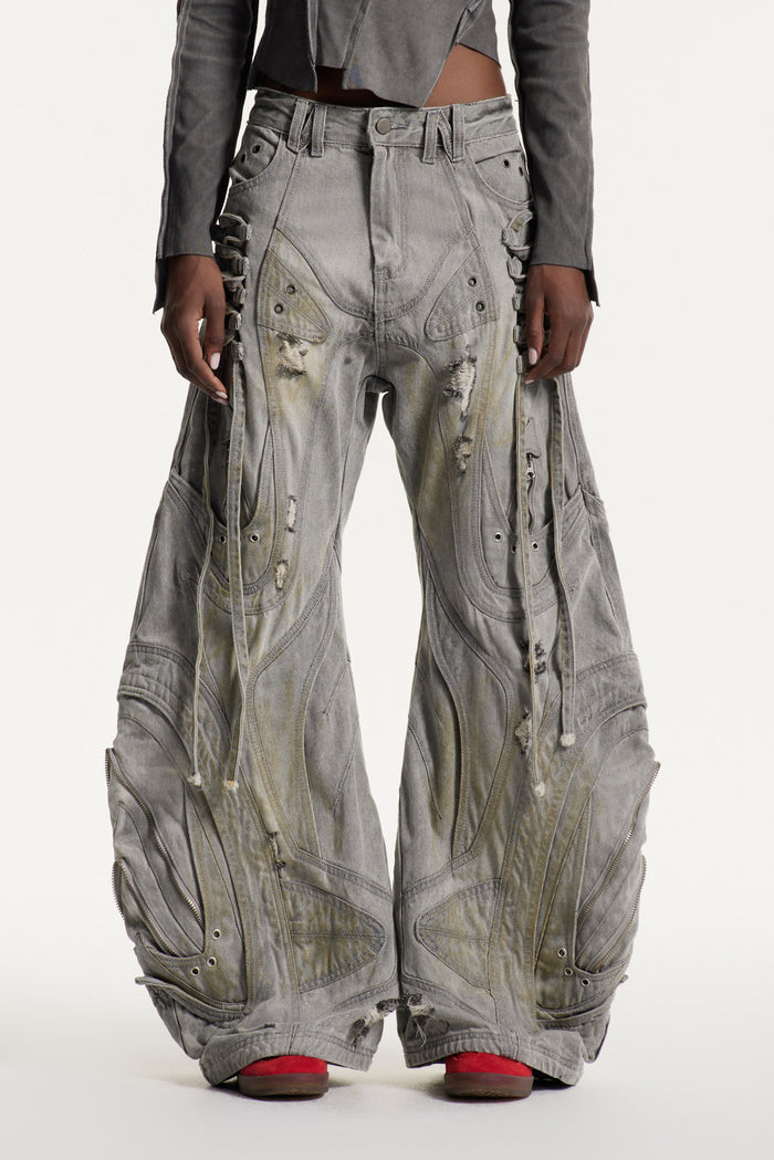 Daryl Deconstruct Print Barrel Jeans In Grey