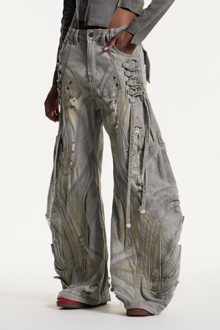 Daryl Deconstruct Print Barrel Jeans In Grey