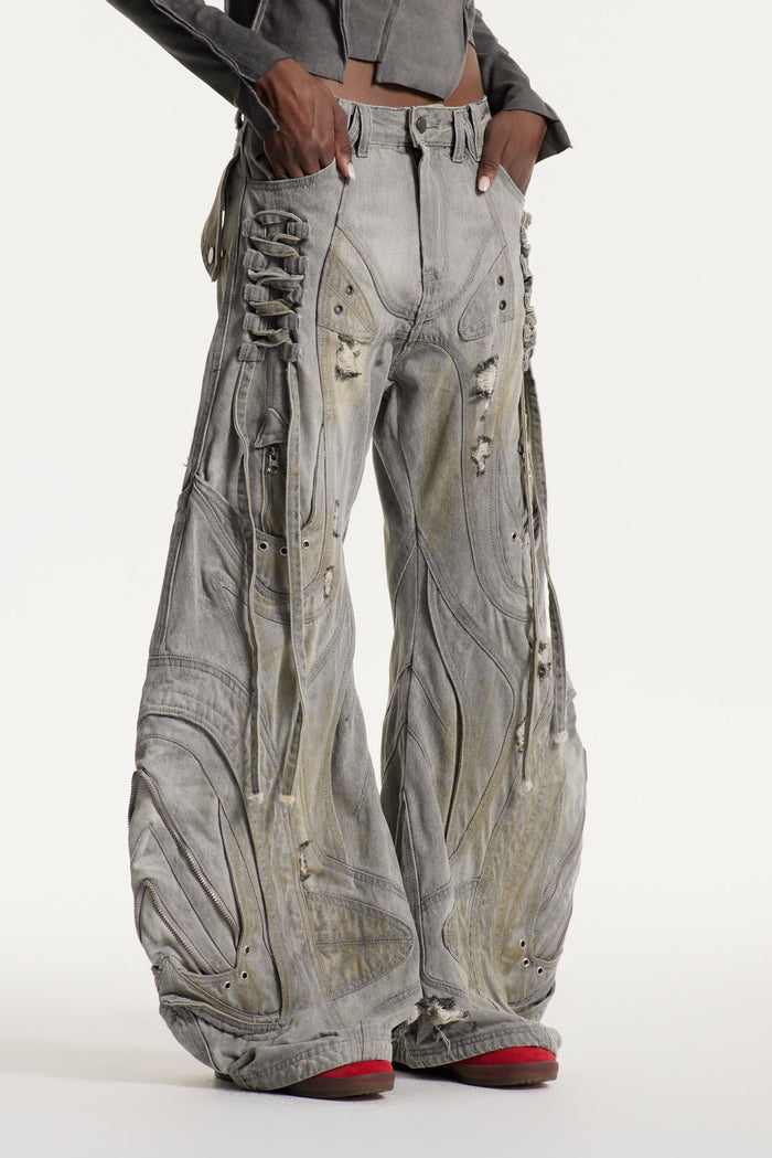 Daryl Deconstruct Print Barrel Jeans In Grey