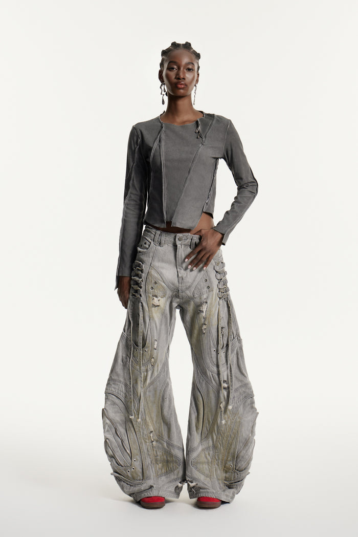 Daryl Deconstruct Print Barrel Jeans In Grey