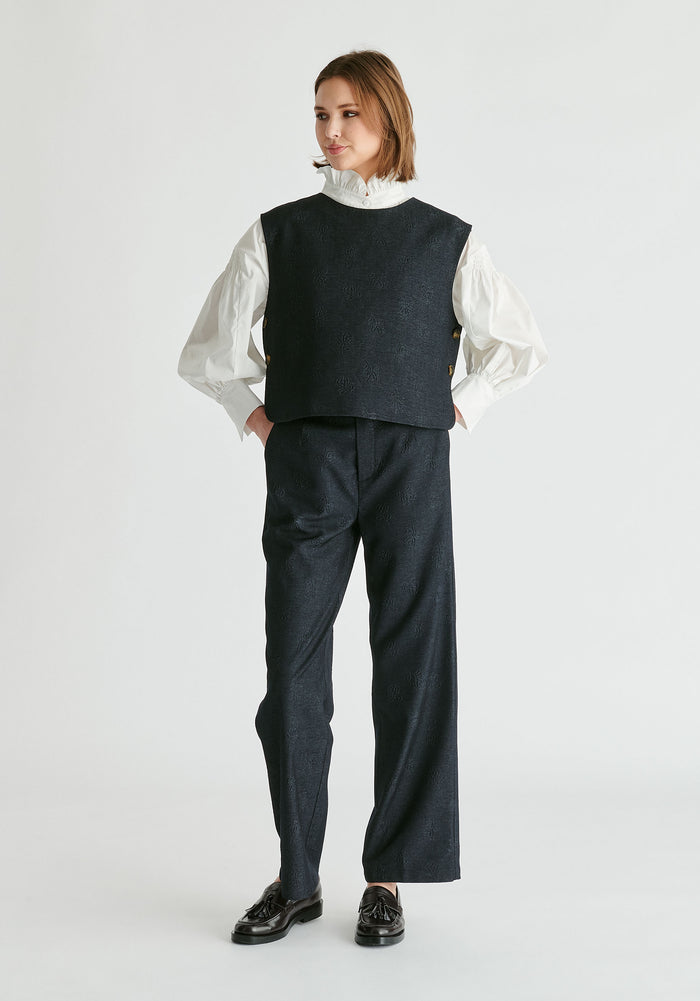 Denim Effect Trousers in Embossed Print In Dark Denim Blue Front