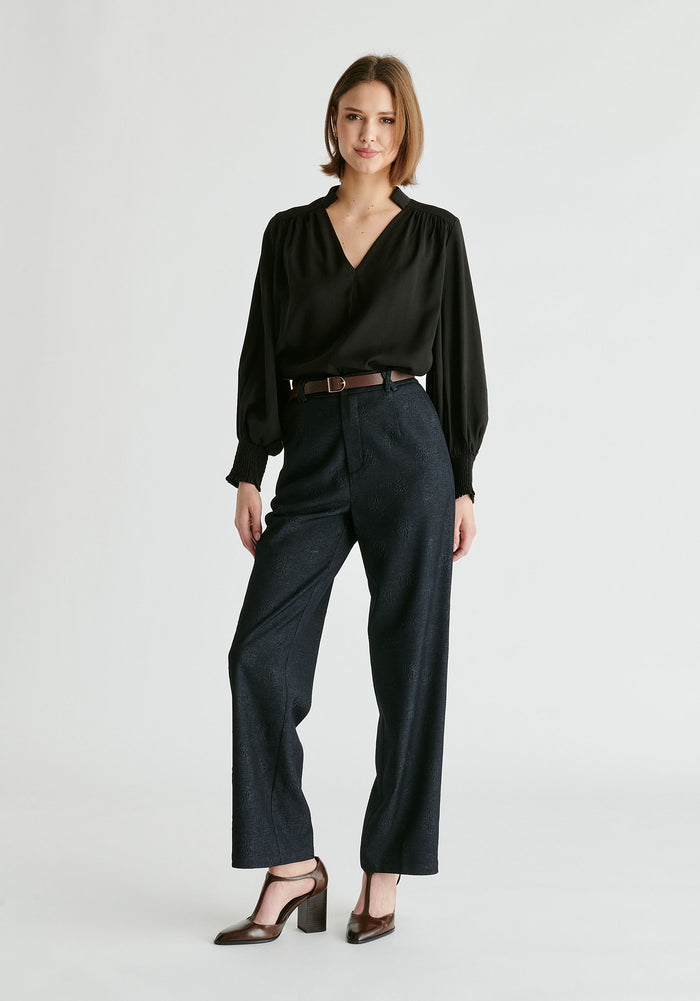 Denim Effect Trousers in Embossed Print In Dark Denim Blue Front