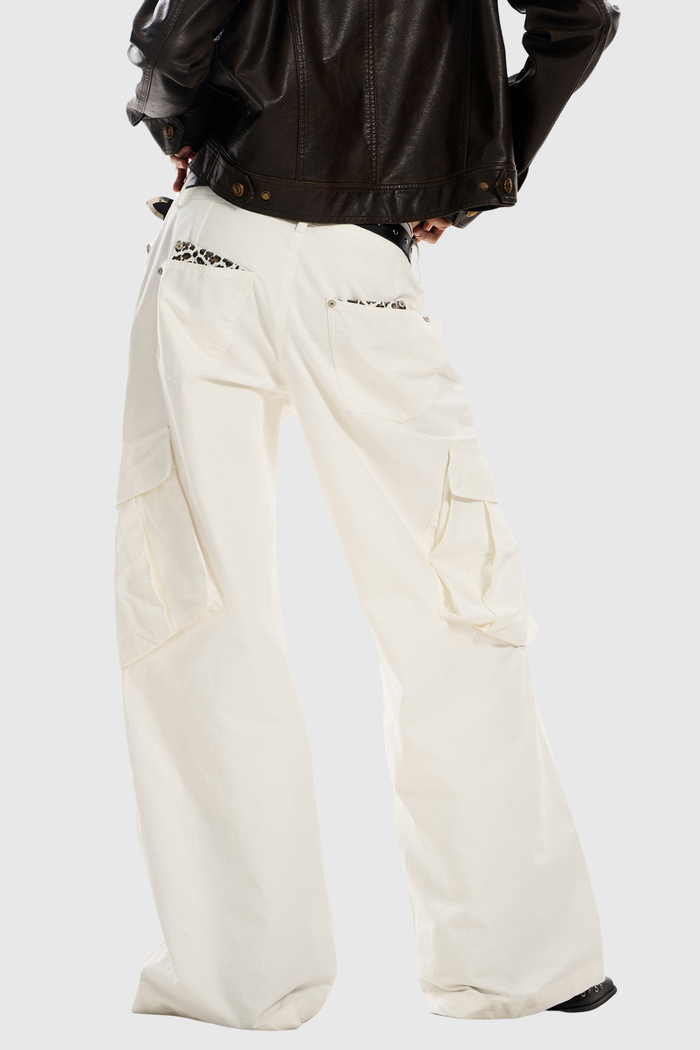 Diocletian Deconstruct Leopard Cargo Jeans In White