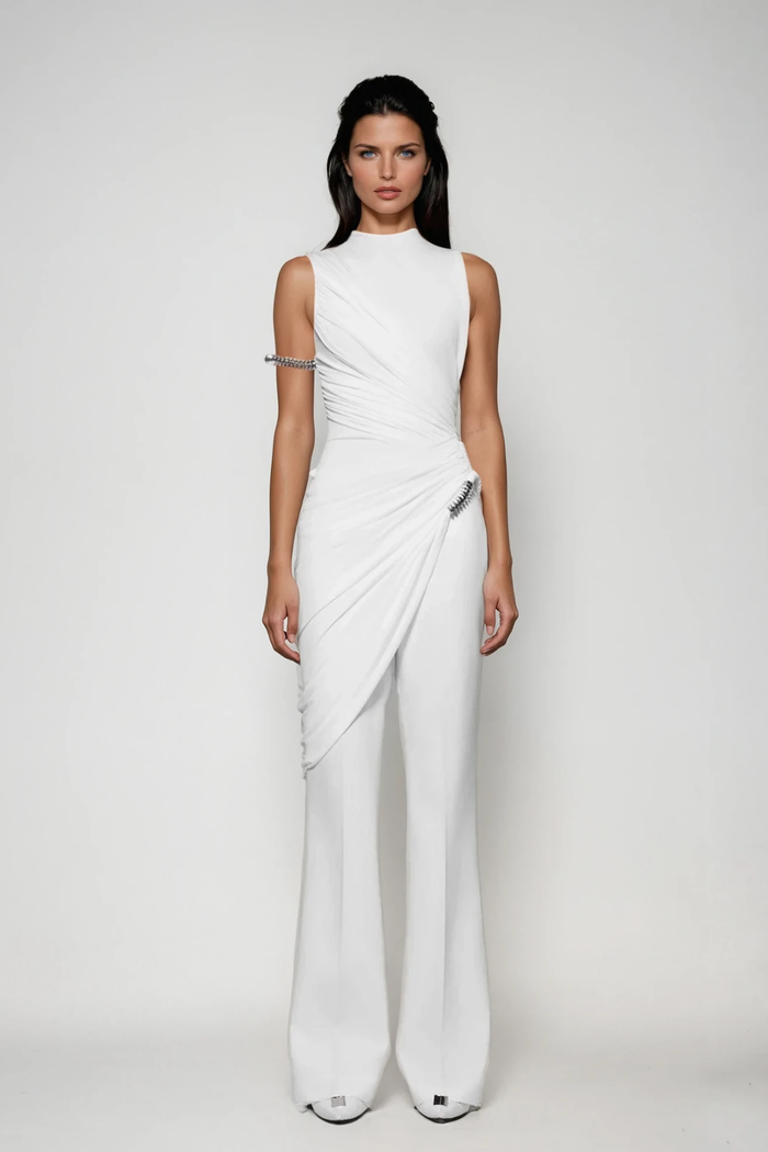 Dirce Ruch Bodycon Asymmetric Pants Set In White