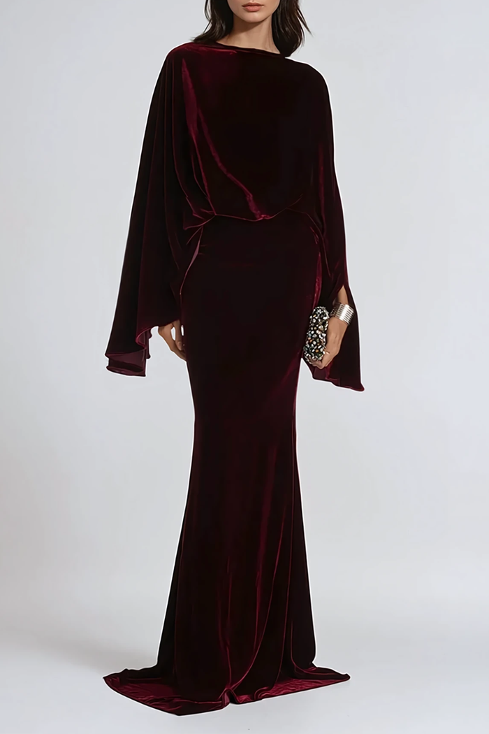 Dixon Cape Sleeve Ruch Velvet Skirt Set In Wine