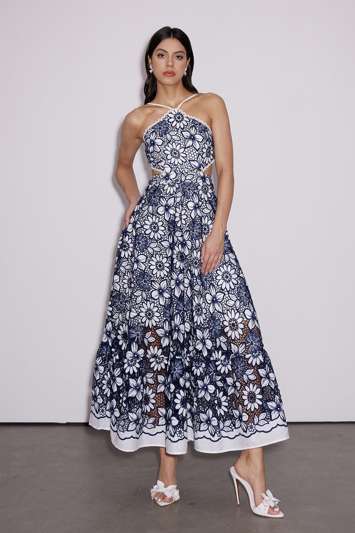 Dosifey Halter Neck Cutout Floral Maxi Dress