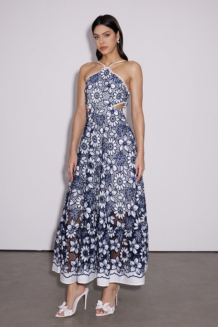 Dosifey Halter Neck Cutout Floral Maxi Dress