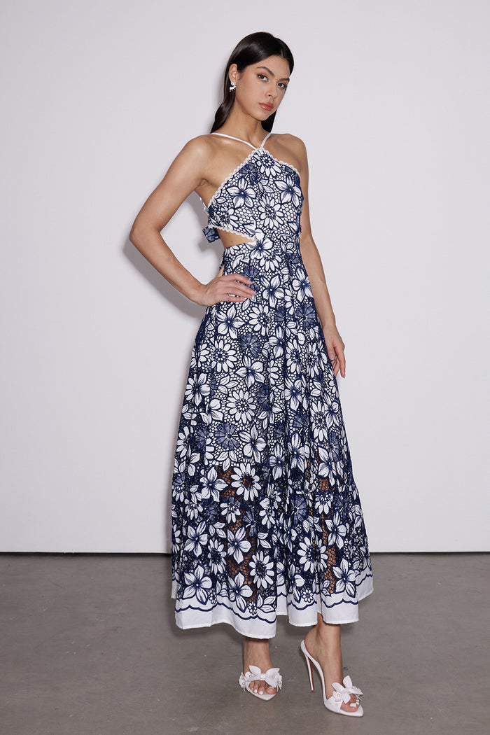 Dosifey Halter Neck Cutout Floral Maxi Dress