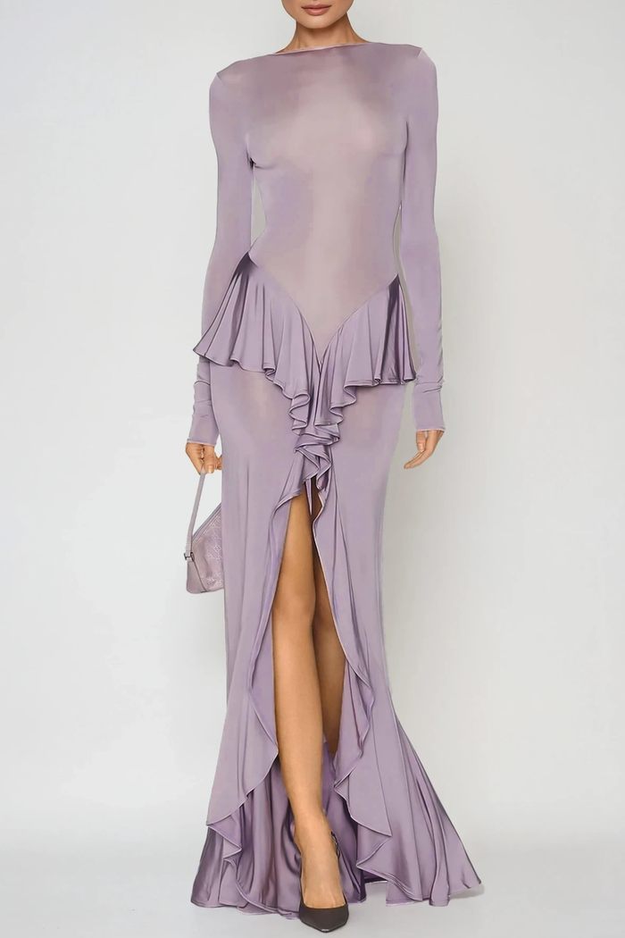 Doug Backless Ruffle Maxi Dress In Purple
