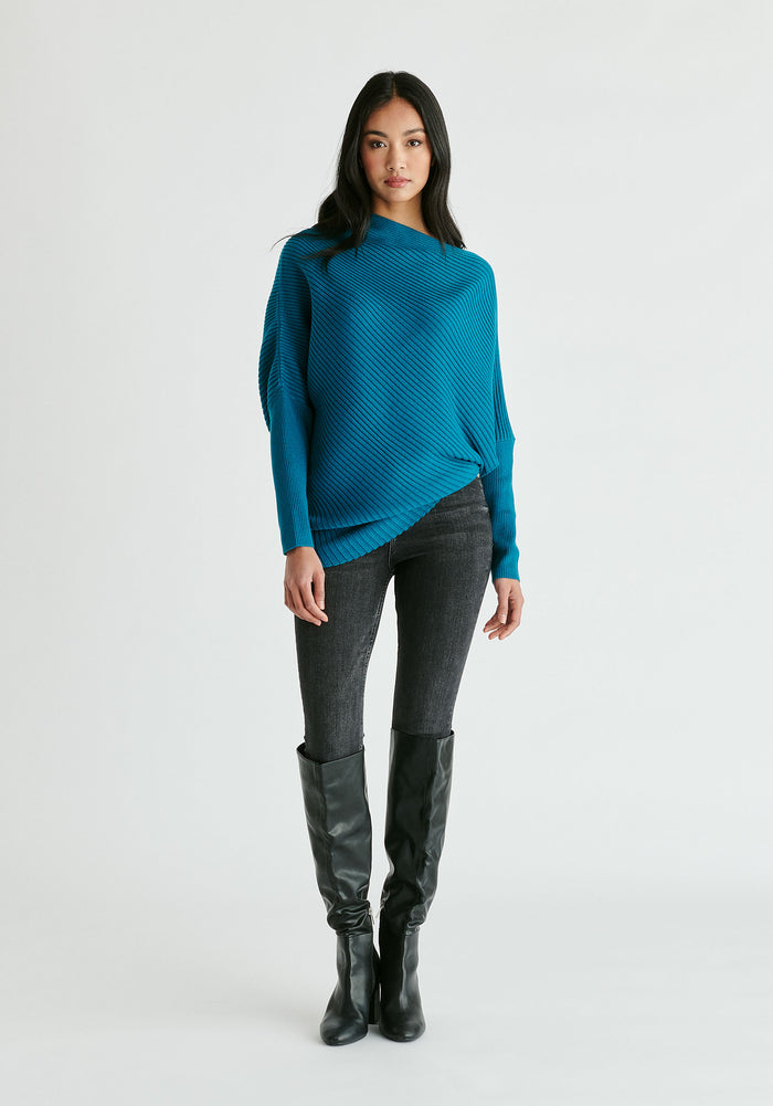 Draped Knitted Jumper in Ocean Blue Front