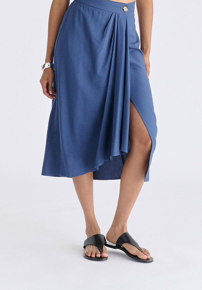 Draped Wrap Midi Skirt in Blue Closeup