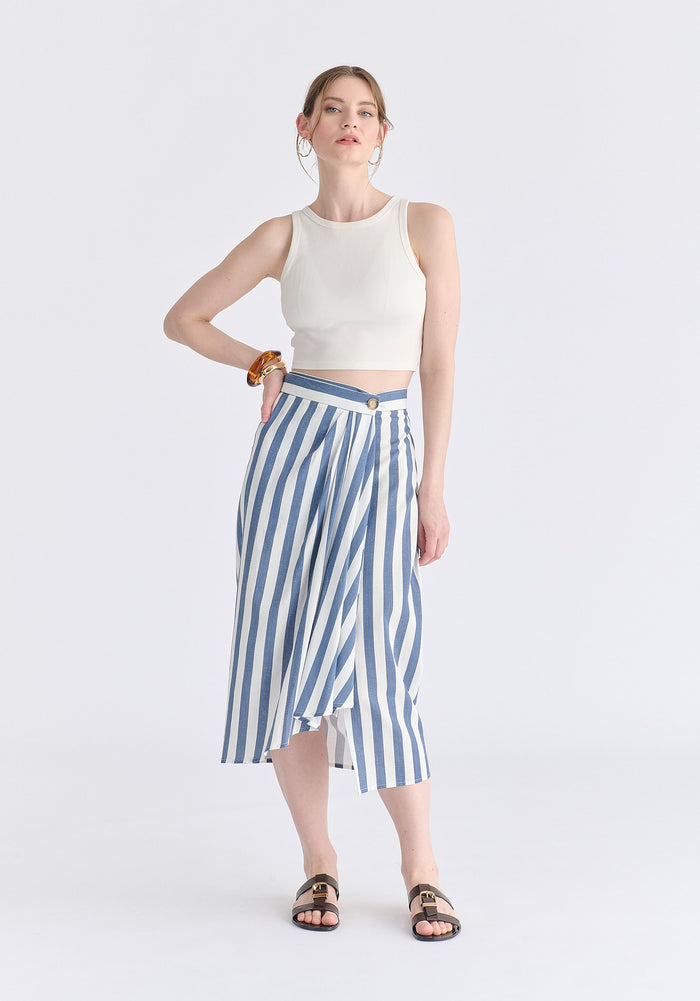 Draped Warp Midi Skirt in Blue and White Front