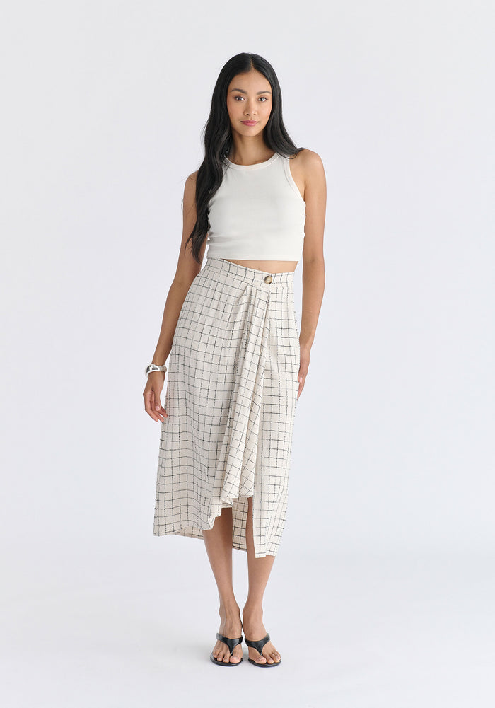 Draped Wrap Midi Skirt in Oatmeal and Black Front