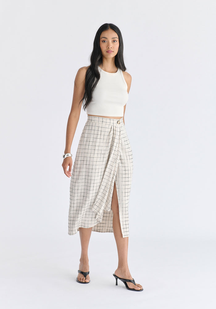 Draped Wrap Midi Skirt in Oatmeal and Black Front