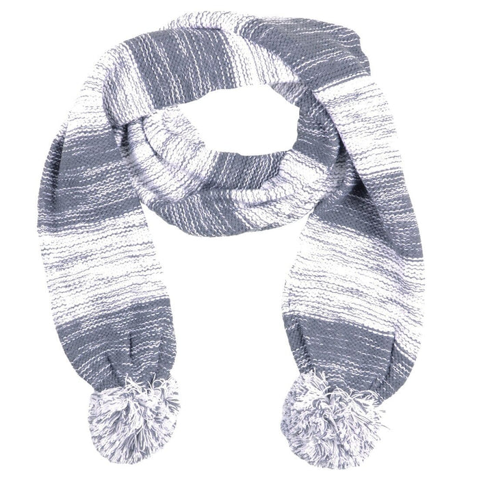 Drew Womens Knitted Scarf Marl Stripe & Large Pom Poms Grey