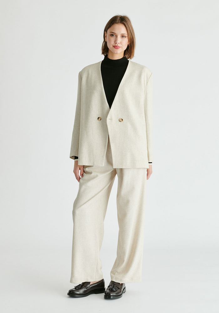 Drop Shoulder Double Breasted Blazer in Oatmeal Front