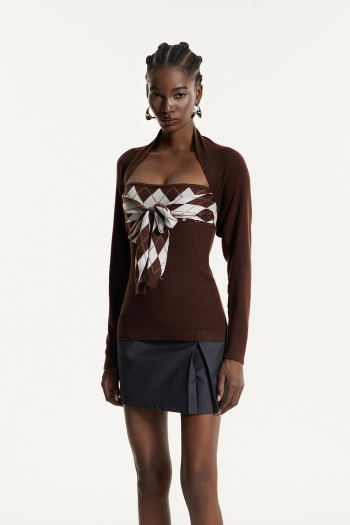Edwyna Grid Tie Up Knit Top In Brown