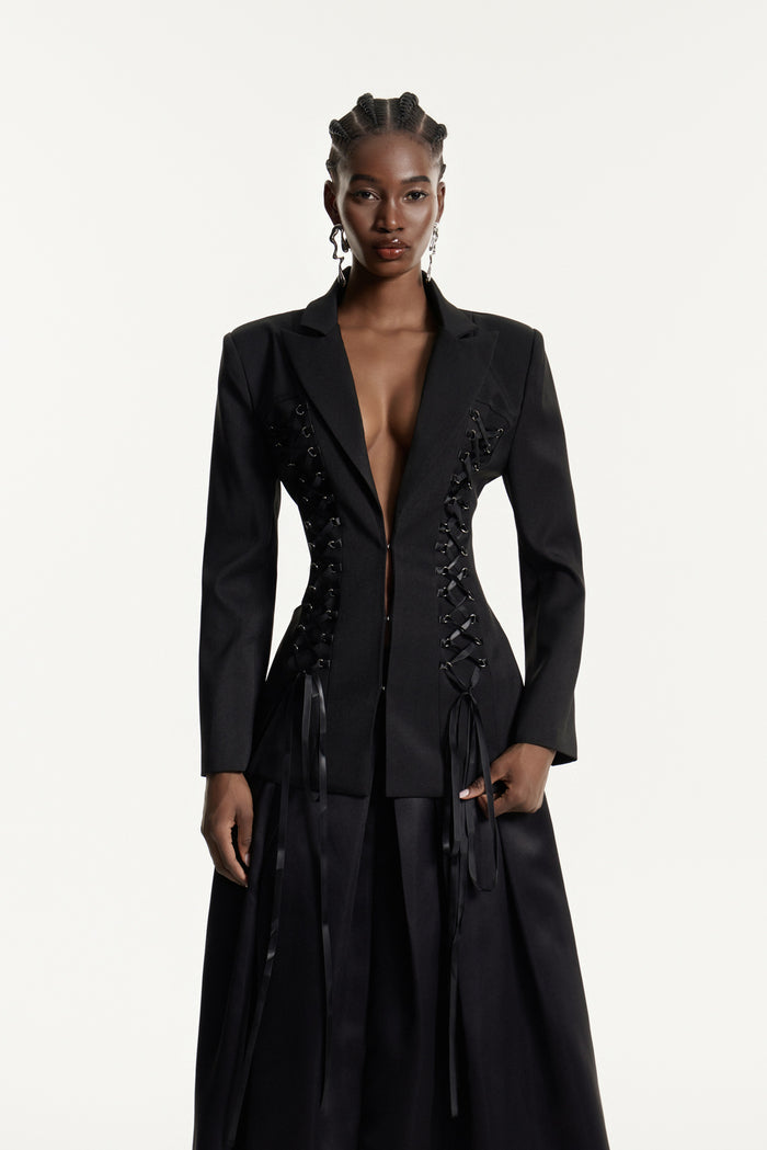 Eesa Plunge Lace Up Blazer
