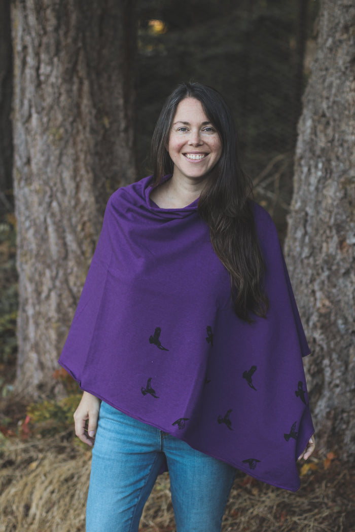 Eggplant Poncho with Birds Print
