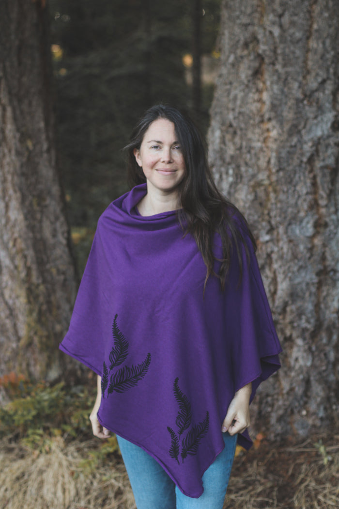Eggplant Poncho with Fern Print