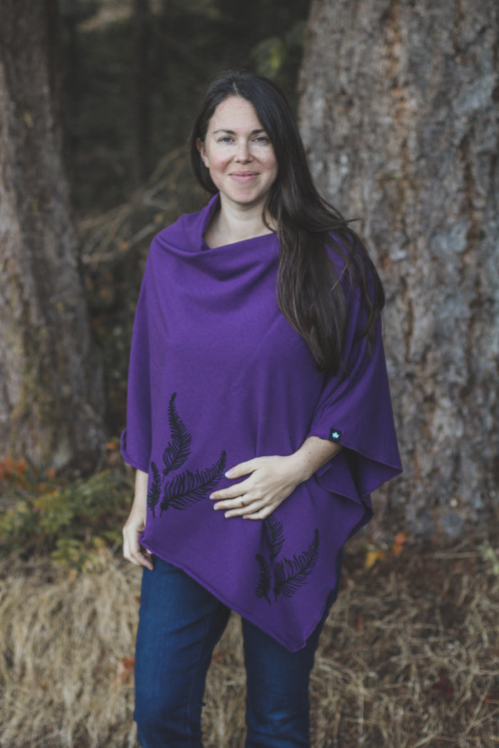 Eggplant Poncho with Fern Print