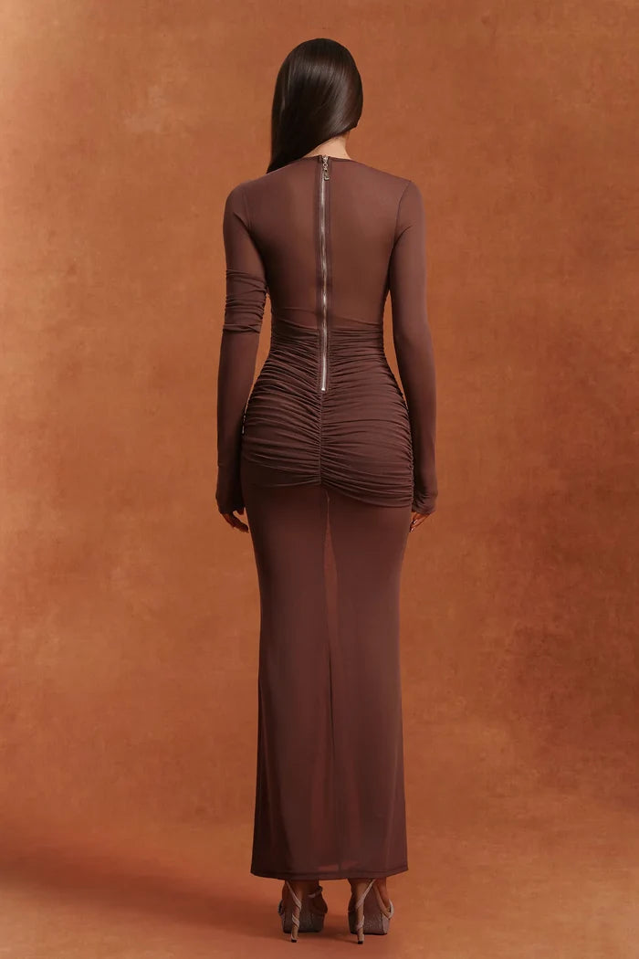 Electra Ruched Sheer Panel Maxi Dress