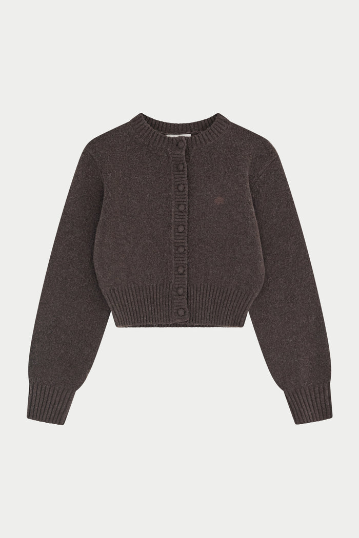 EMBLEM EMBROIDERED KNIT CROP CARDIGAN - BROWN