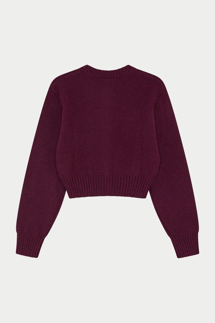 EMBLEM EMBROIDERED KNIT CROP CARDIGAN - PLUM