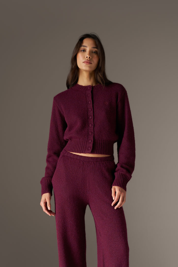 EMBLEM EMBROIDERED KNIT CROP CARDIGAN - PLUM