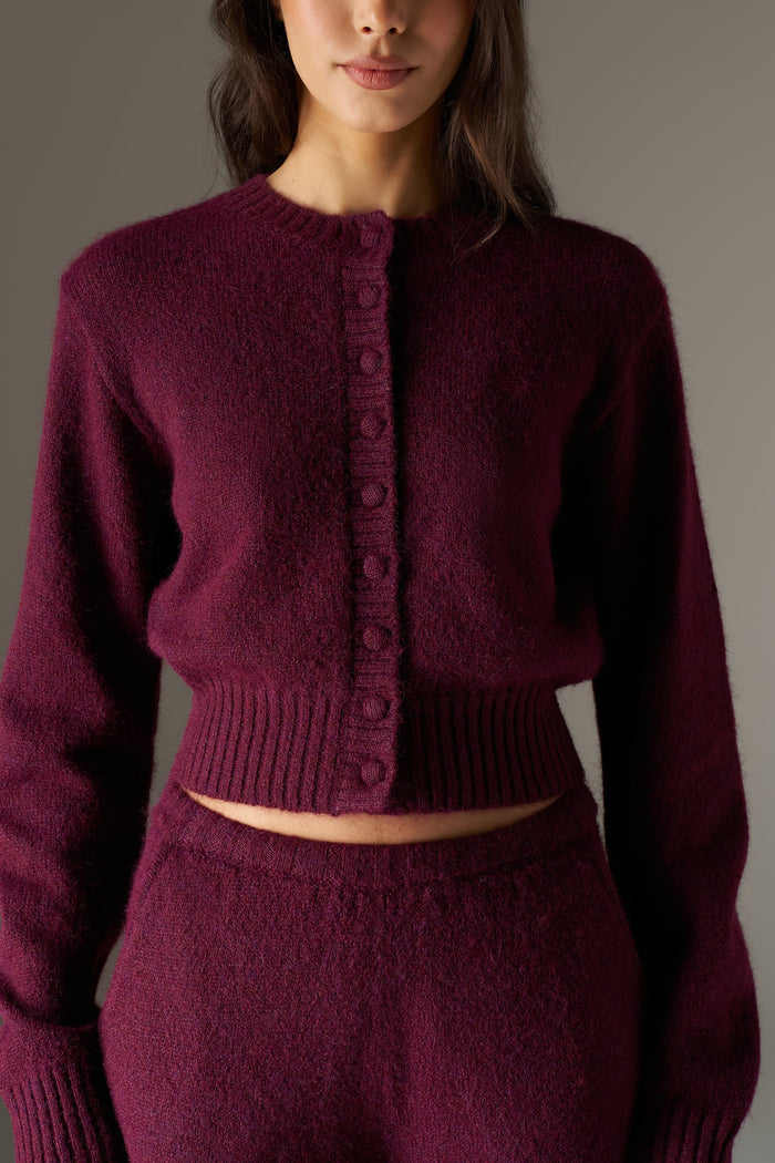 EMBLEM EMBROIDERED KNIT CROP CARDIGAN - PLUM