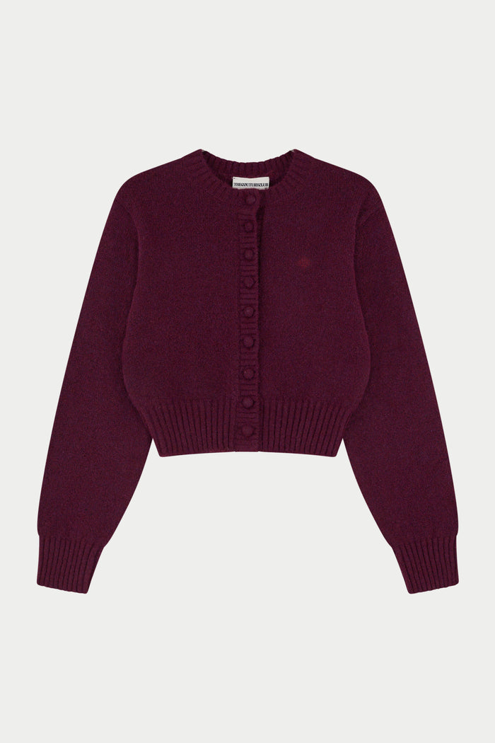 EMBLEM EMBROIDERED KNIT CROP CARDIGAN - PLUM