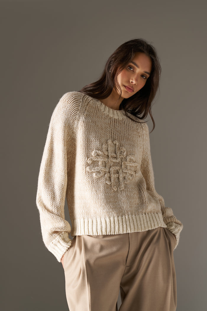 EMBLEM MIXED YARN OVERSIZED KNIT JUMPER - BEIGE