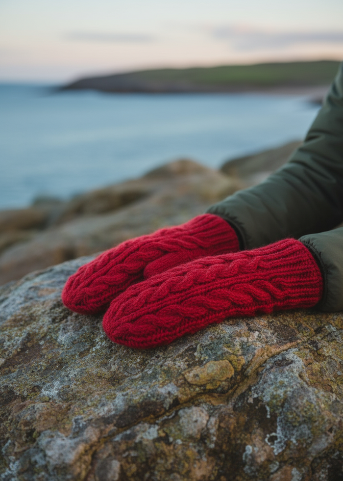 Erin Aran Cable Mittens | red