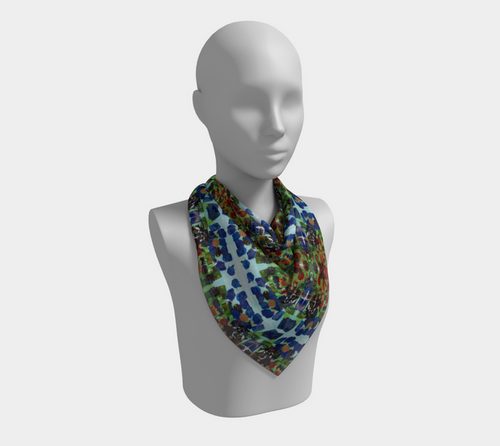 "Fall Garden" Square Scarf (Blue, Green, Red)