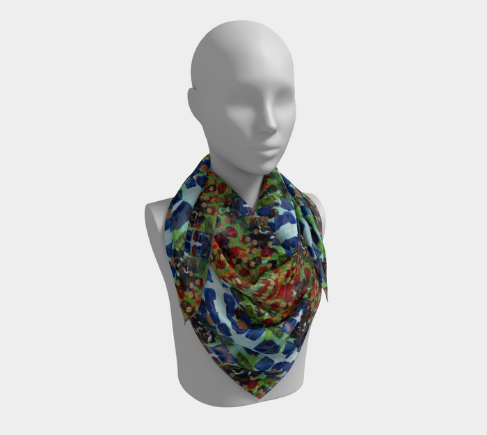 "Fall Garden" Square Scarf (Blue, Green, Red)
