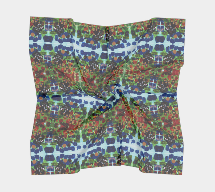 "Fall Garden" Square Scarf (Blue, Green, Red)