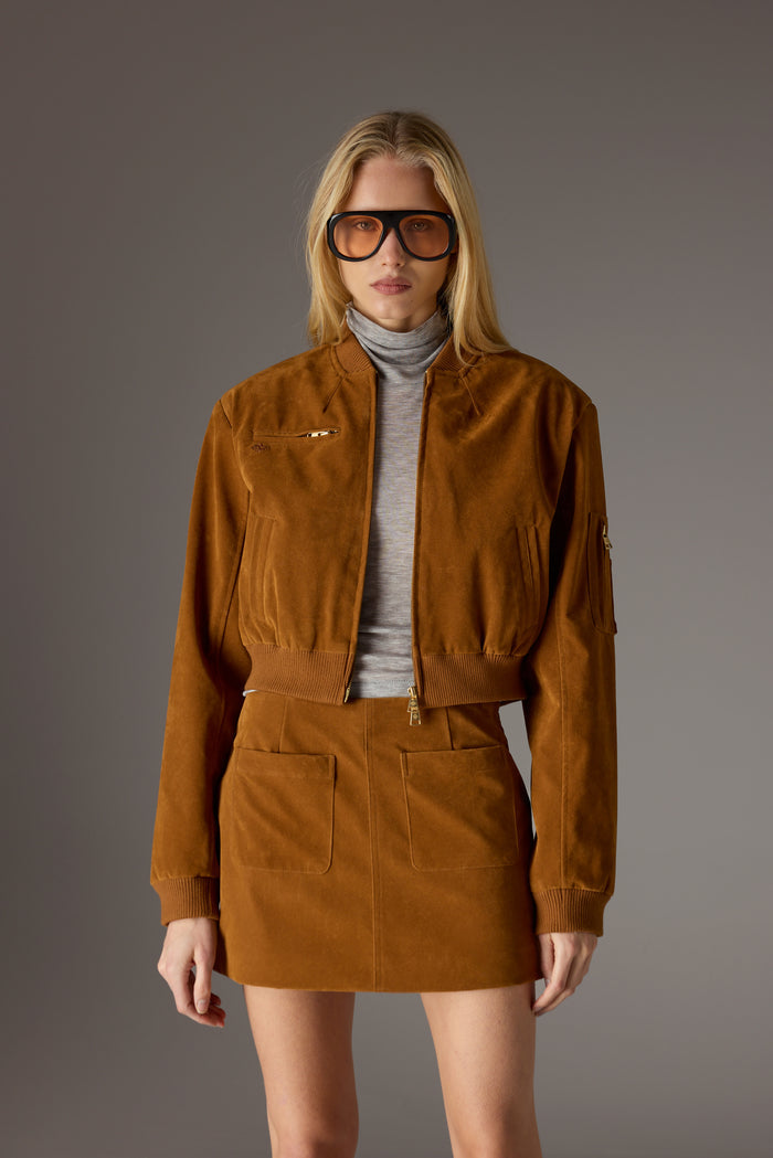 FAUX SUEDE BOMBER JACKET - TAN