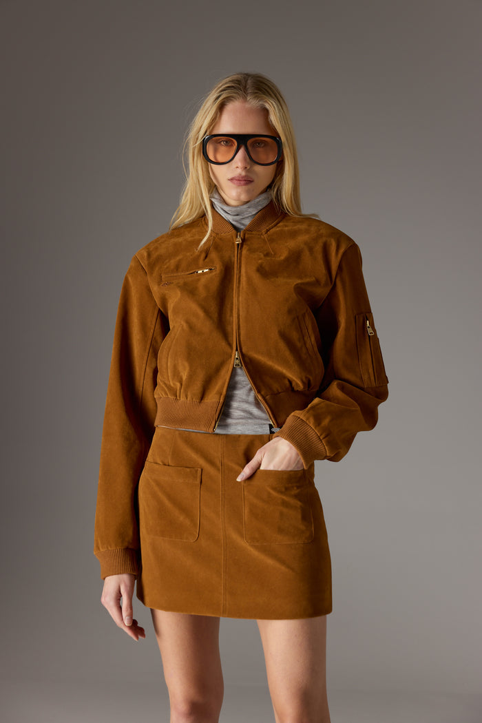 FAUX SUEDE BOMBER JACKET - TAN