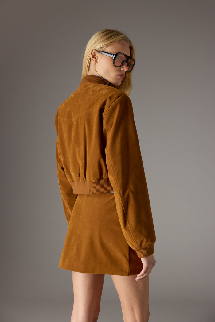 FAUX SUEDE BOMBER JACKET - TAN