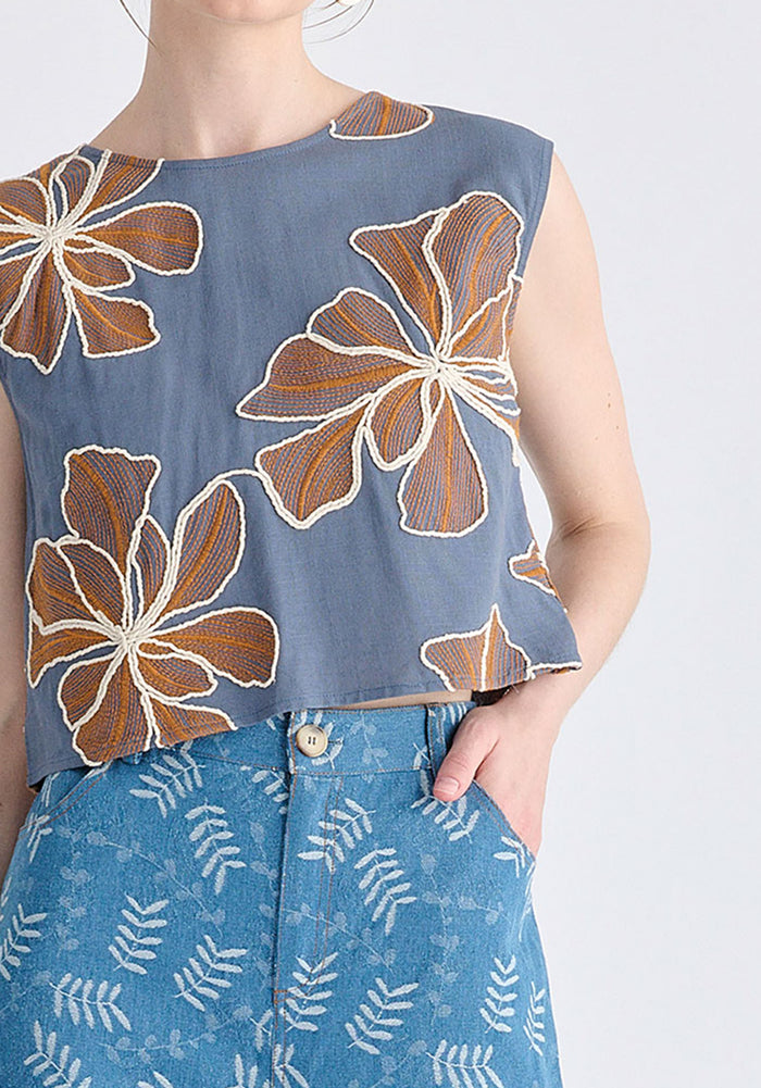 Floral Embroidered Cropped Top in Blue Closeup