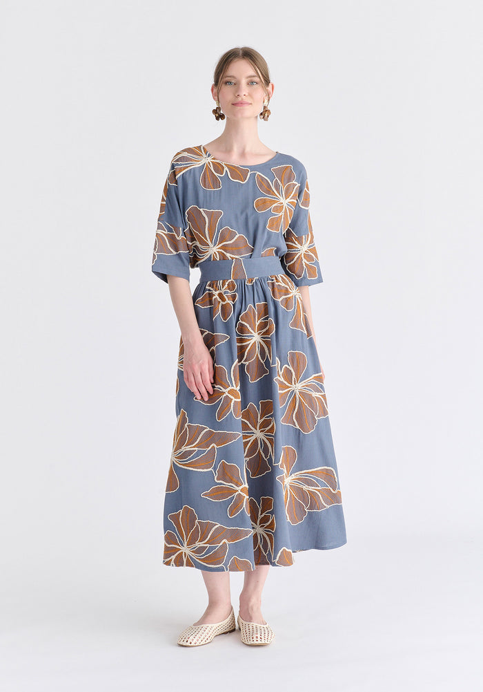 Floral Embroidered Midi Skirt in Blue Front