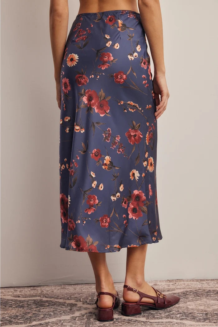 Floral Satin Midi Skirt