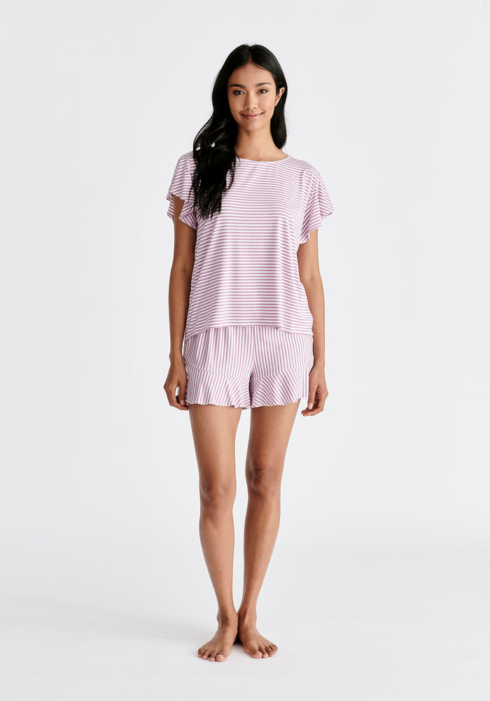 Frill Pyjama T-Shirt and Shorts in Pink and White