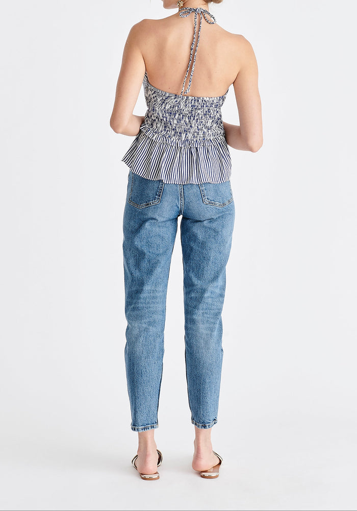 Halterneck Peplum Top in Blue and White Back