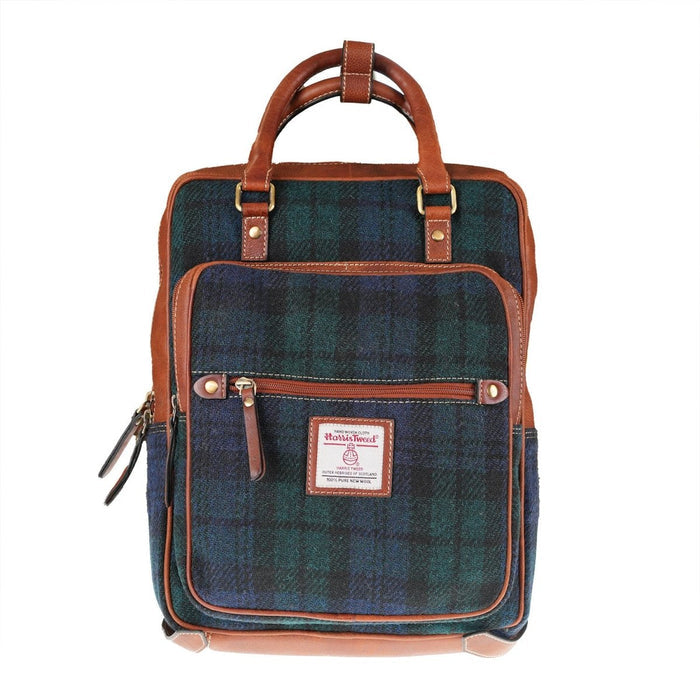 Harris Tweed & Leather Large Backpack - BLACK WATCH / TAN - Heritage Of Scotland -