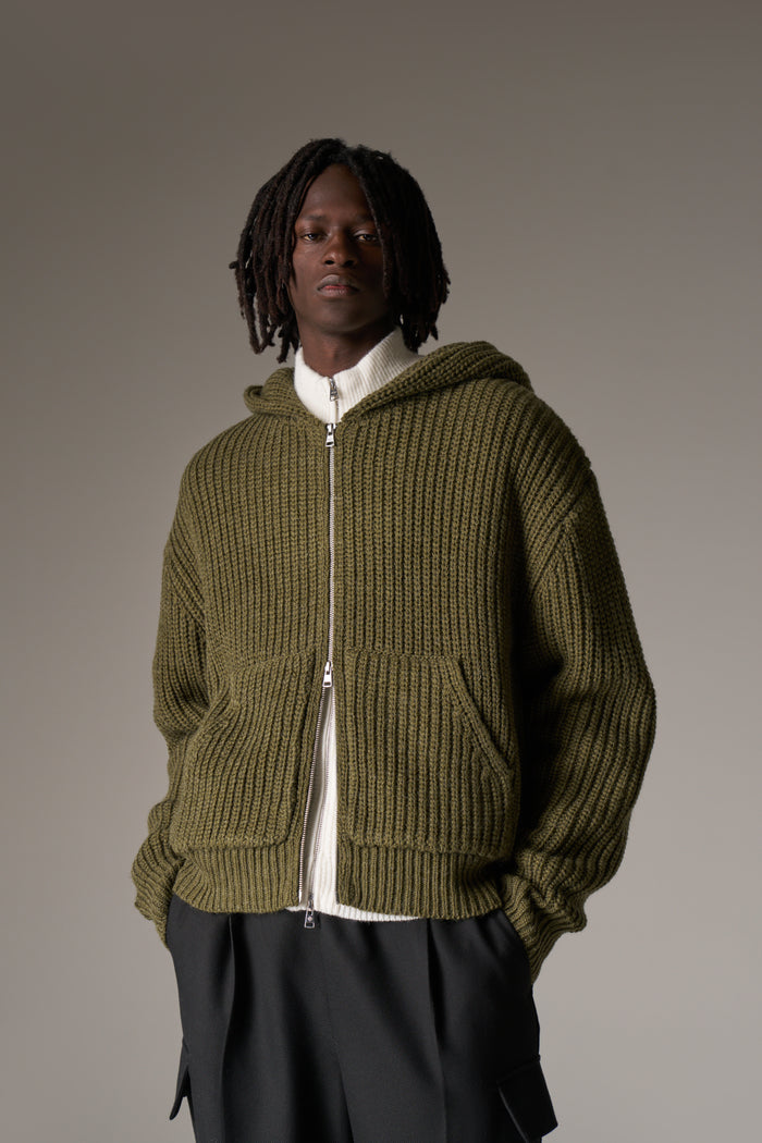 HEAVY RIB KNITTED ZIP THROUGH HOODIE - KHAKI