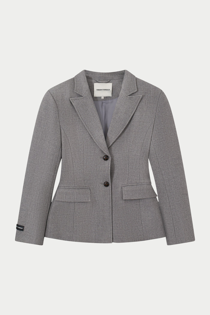 HERRINGBONE CINCHED WAIST TAILORED BLAZER - GREY